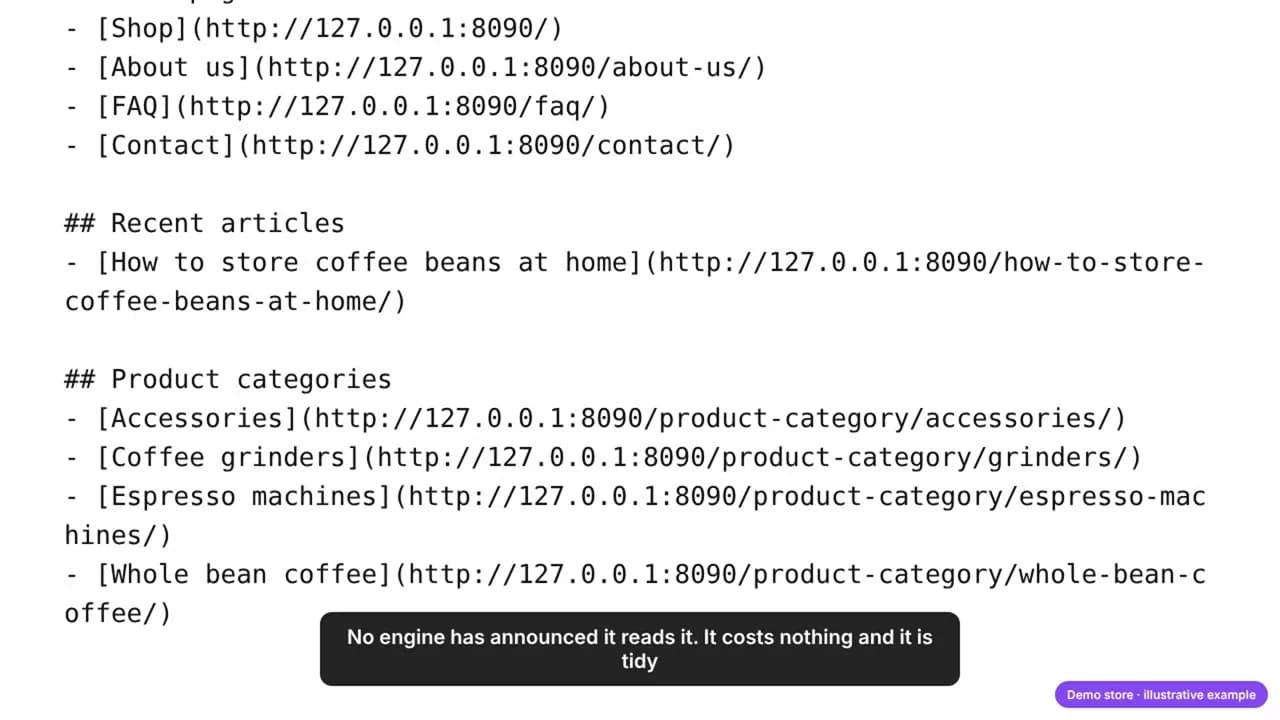 Die vom Plugin im Demo-Shop erzeugte llms.txt: wichtigste Seiten, neueste Artikel und Produktkategorien