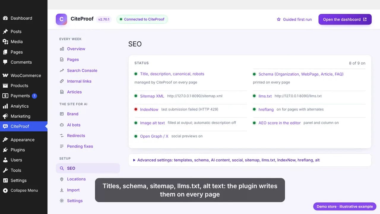 Der SEO-Bildschirm des Plugins: Titel, Schema, Sitemap, llms.txt, IndexNow, hreflang, Alt-Texte für Bilder und Open Graph, jeweils ein- oder ausgeschaltet