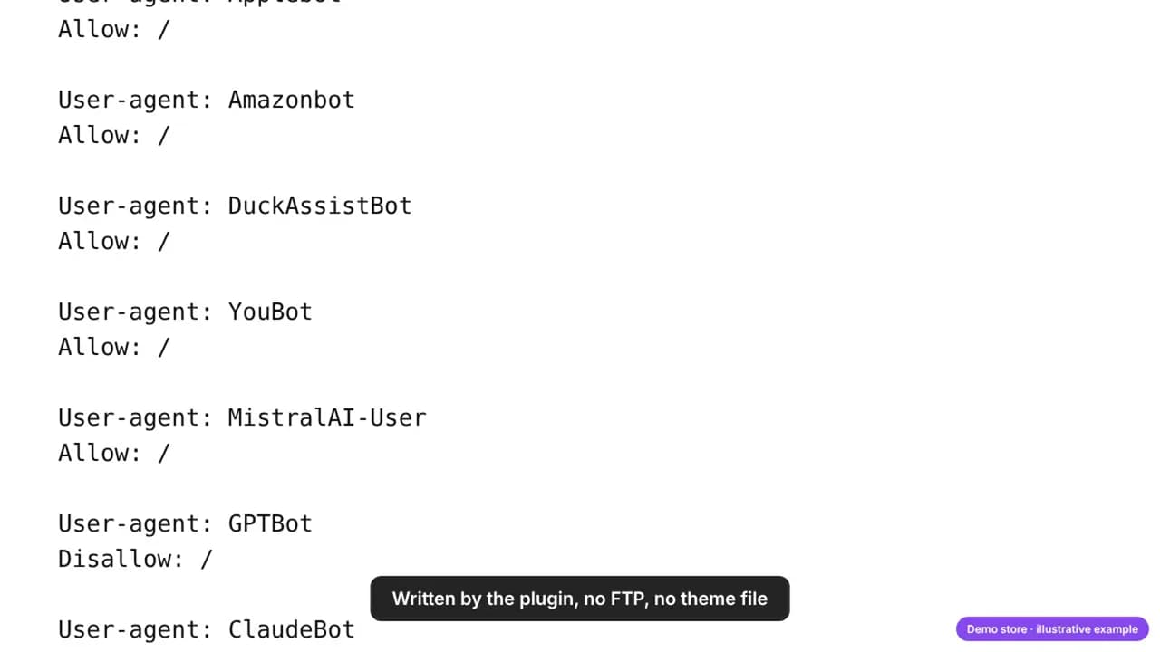 Die robots.txt nach dem Speichern: ein Block pro Bot, Allow für Such- und Assistenten-Bots, Disallow für GPTBot und die anderen reinen Trainings-Bots