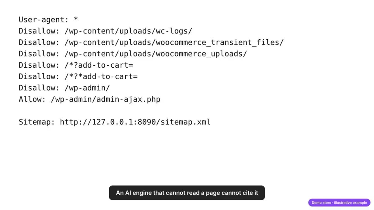 Die robots.txt des Demo-Shops vorher: die Standardregeln von WooCommerce und keine Regel für irgendeinen KI-Bot