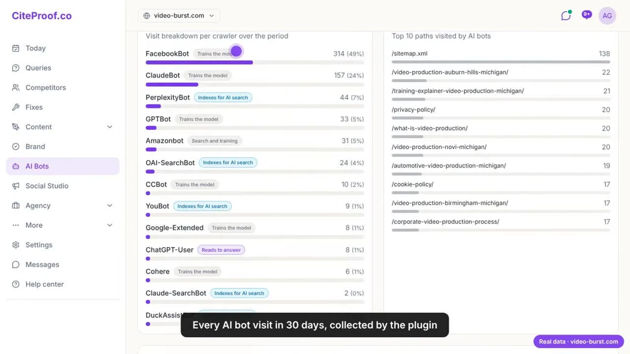Besuche von KI-Bots auf video-burst.com in 30 Tagen nach Crawler, FacebookBot an erster Stelle, und die Pfade, die die Bots am häufigsten gelesen haben
