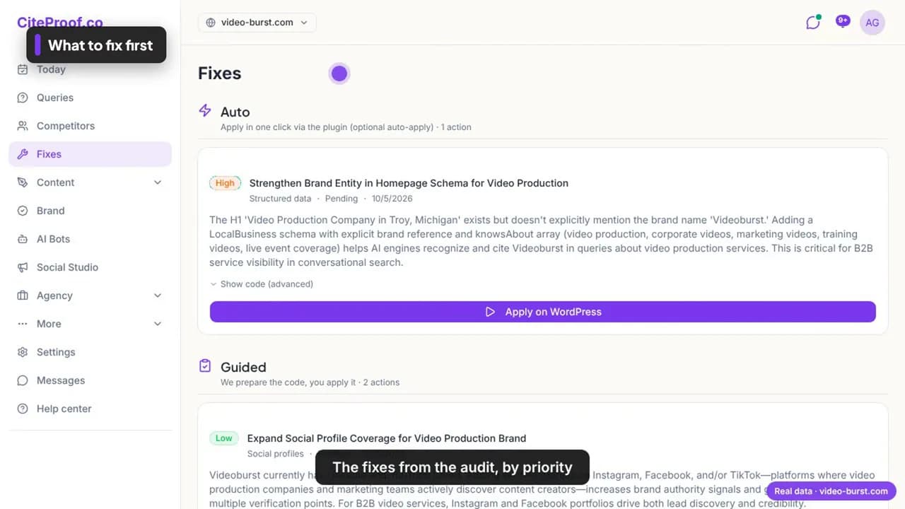 Die Korrekturen-Seite für video-burst.com: hohe Priorität, die Markenentität im Schema der Startseite stärken, mit der Schaltfläche Apply on WordPress