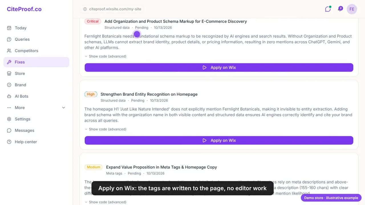 Die Korrekturen-Seite für den Wix-Shop: eine kritische Korrektur für Organization- und Product-Schema, eine Korrektur mit hoher Priorität für die Markenentität und eine mittlere für die Meta-Tags, jeweils mit der Schaltfläche Apply on Wix