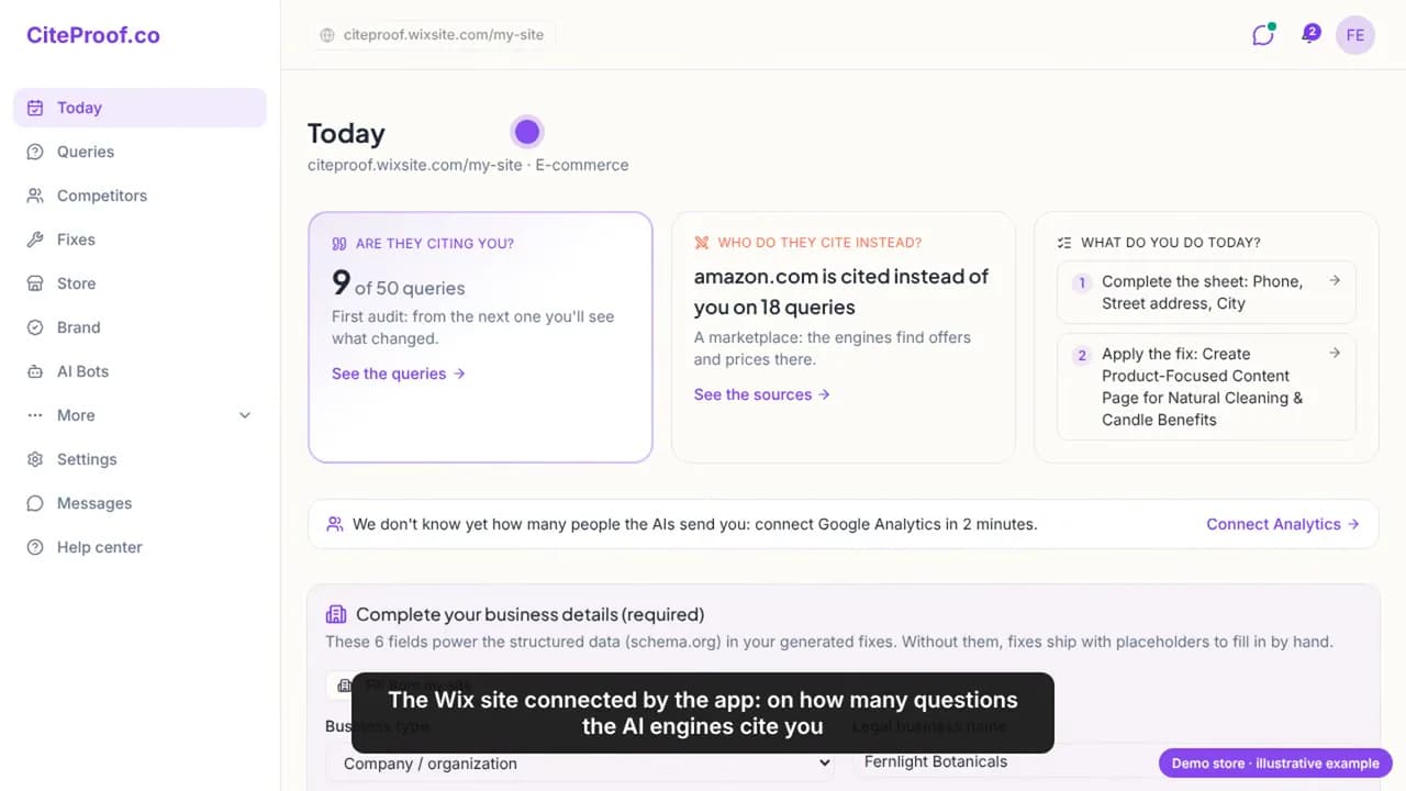 Die Seite Today für den Wix-Shop: zitiert bei 9 von 50 Anfragen, amazon.com bei 18 Anfragen statt des Shops zitiert, dazu die ersten Aufgaben