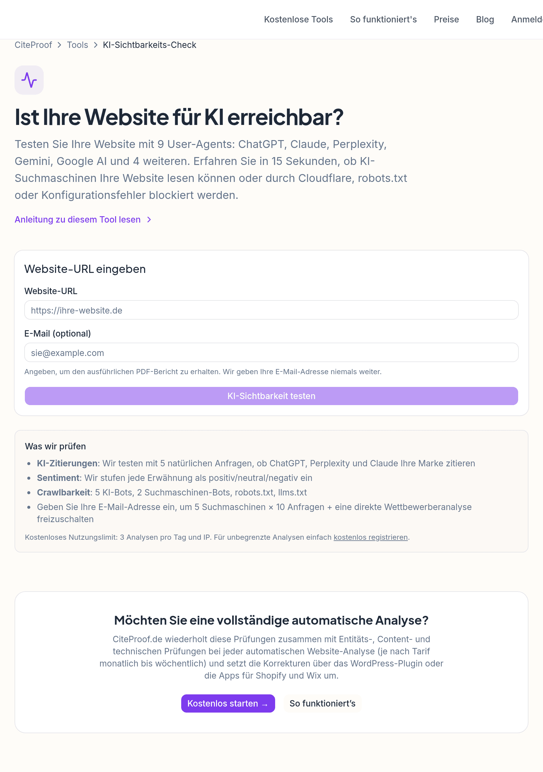Seite des CiteProof AI Visibility Check: die Überschrift „Sind Sie für KI erreichbar?“, ein Formular mit Website-URL und optionaler E-Mail, eine Schaltfläche „KI-Sichtbarkeit testen“ und eine Liste der Prüfpunkte zu KI-Zitierungen, Tonalität und Crawlbarkeit (KI-Bots, Such-Bots, robots.txt, llms.txt)