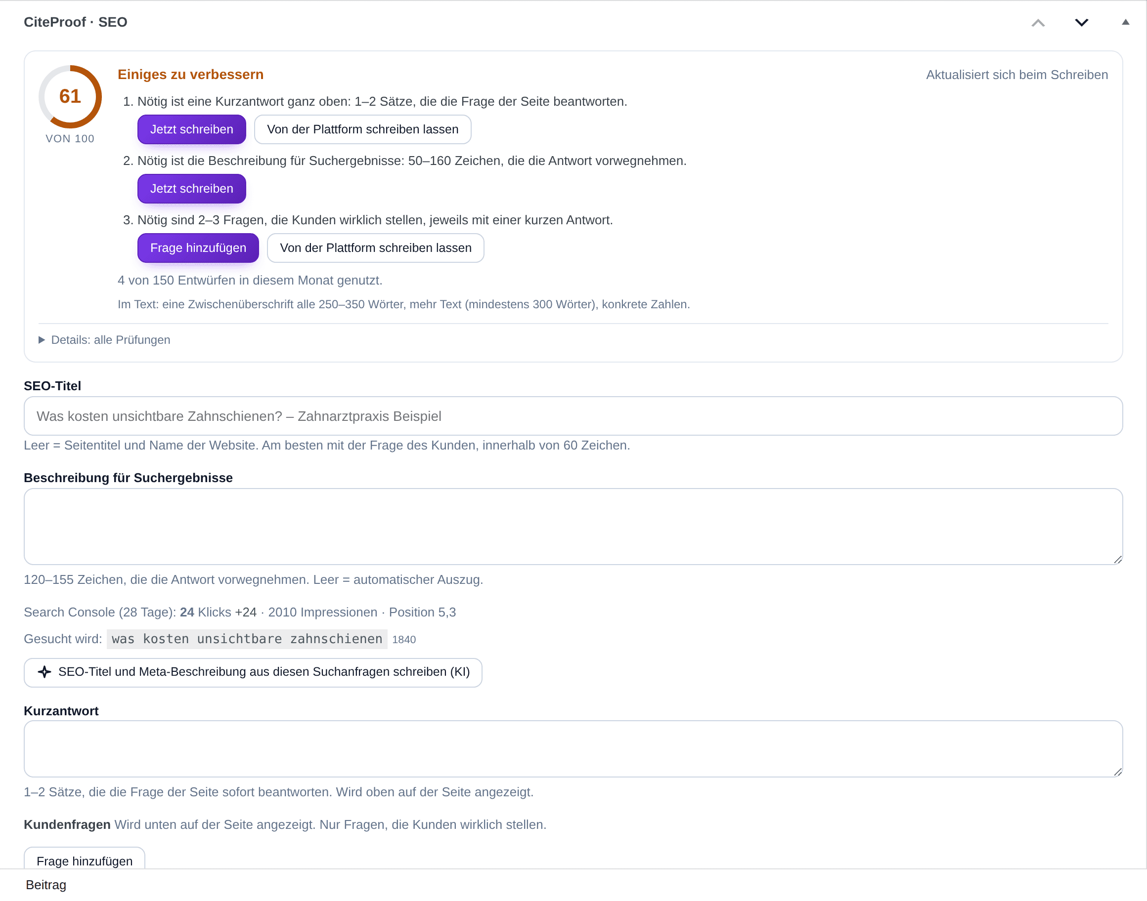 Die Box CiteProof · SEO im Editor: Score und drei Aufgaben mit ihren Schaltflächen