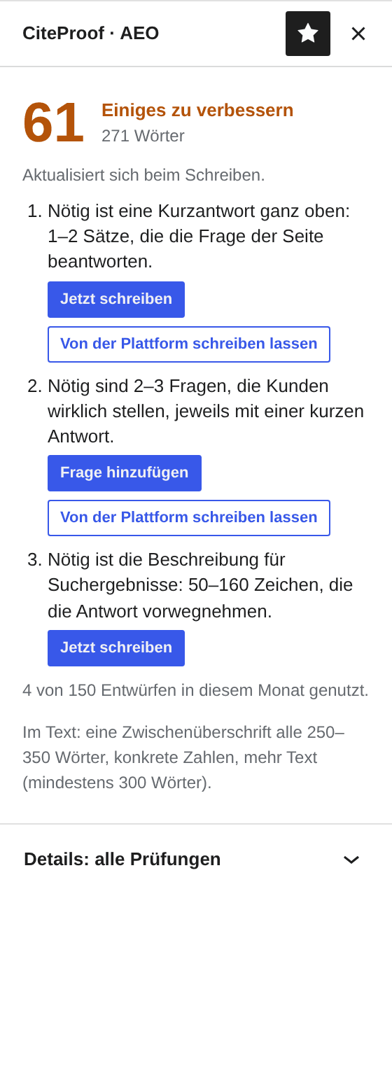 Das Seitenleisten-Panel CiteProof · AEO im Block-Editor
