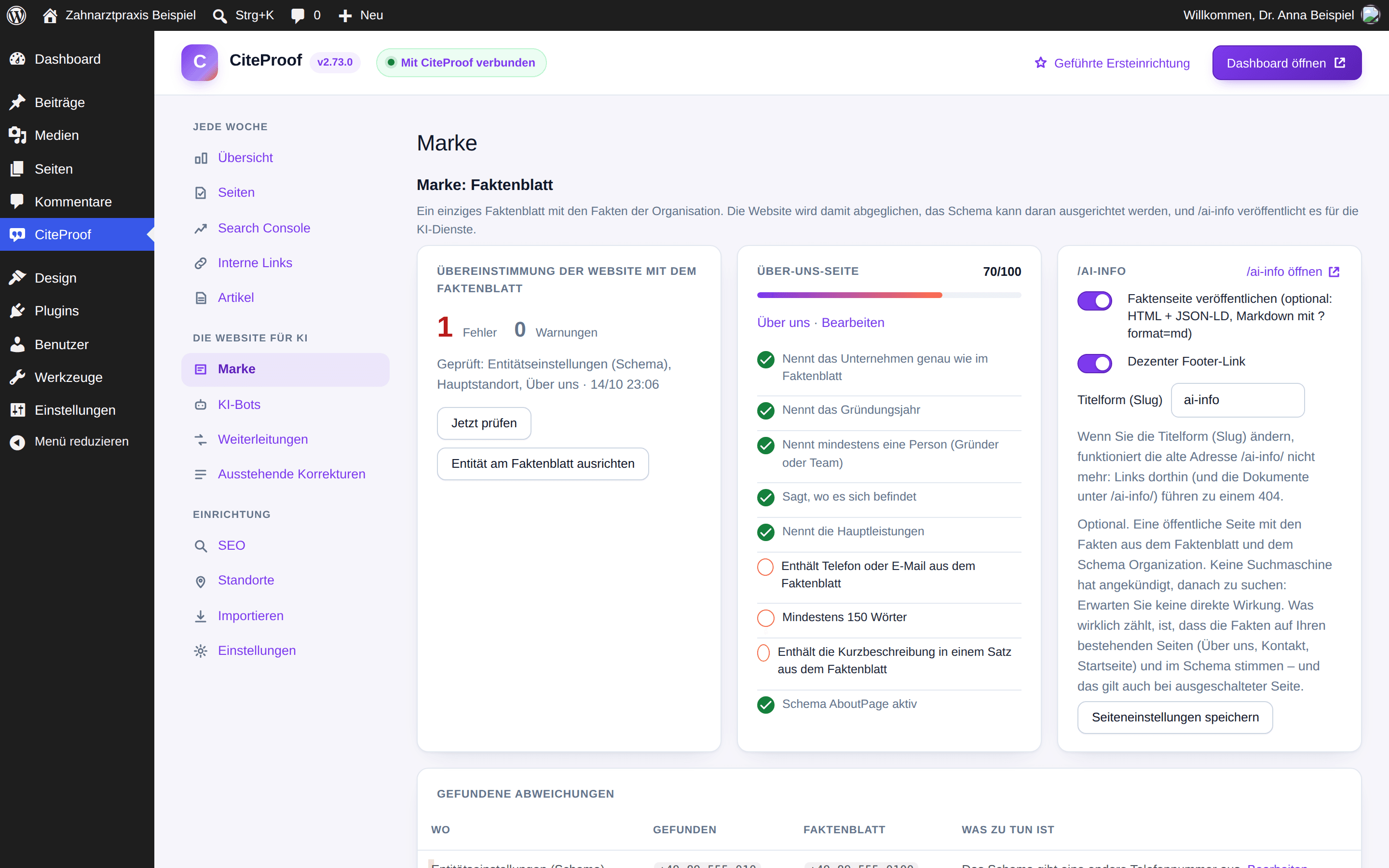 Der Tab Marke im Plugin: Konsistenz der Website, Seite „Über uns“, /ai-info