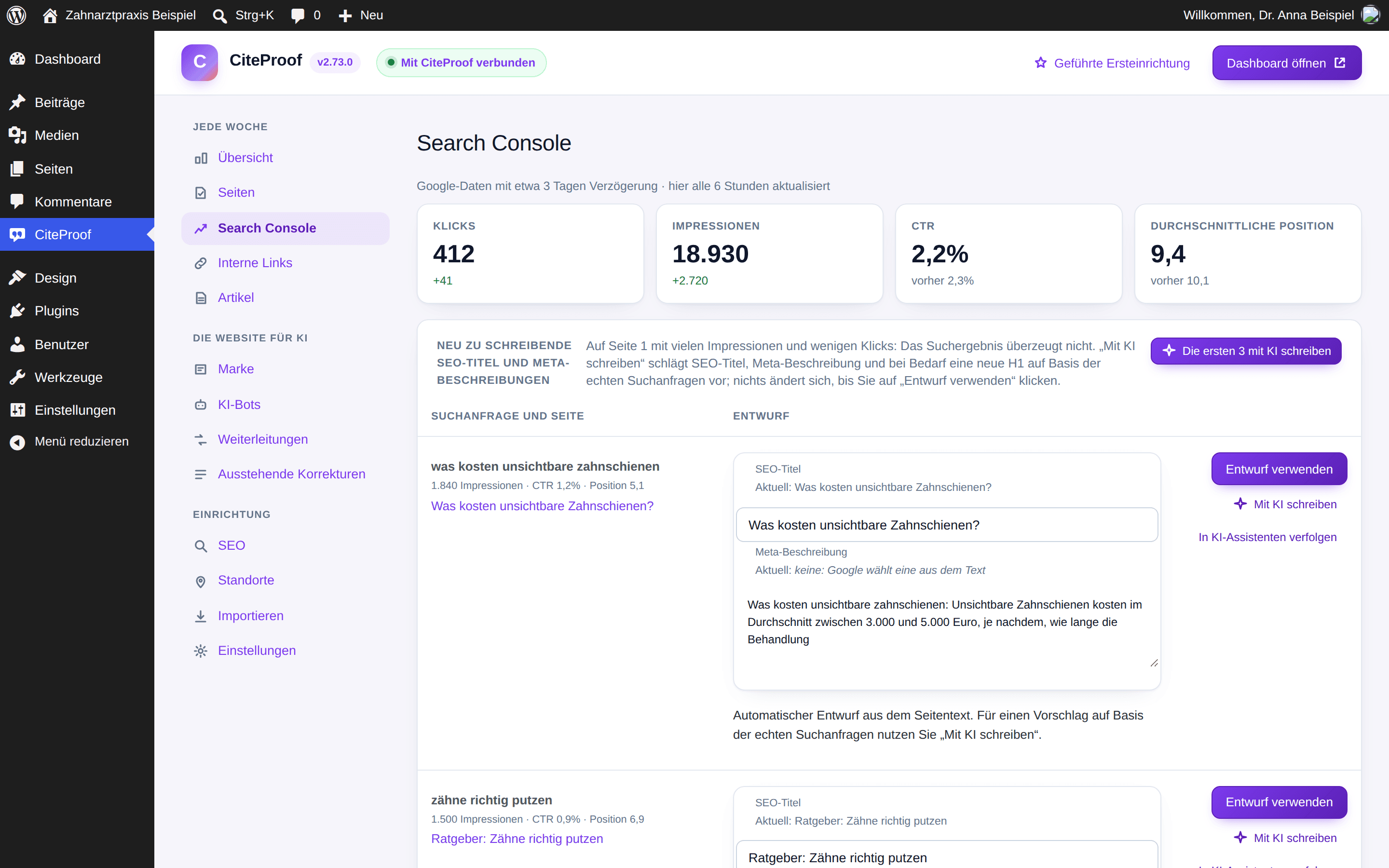 Der Tab Search Console im Plugin: Kennzahlen über 28 Tage sowie Titel und Beschreibungen zum Umschreiben