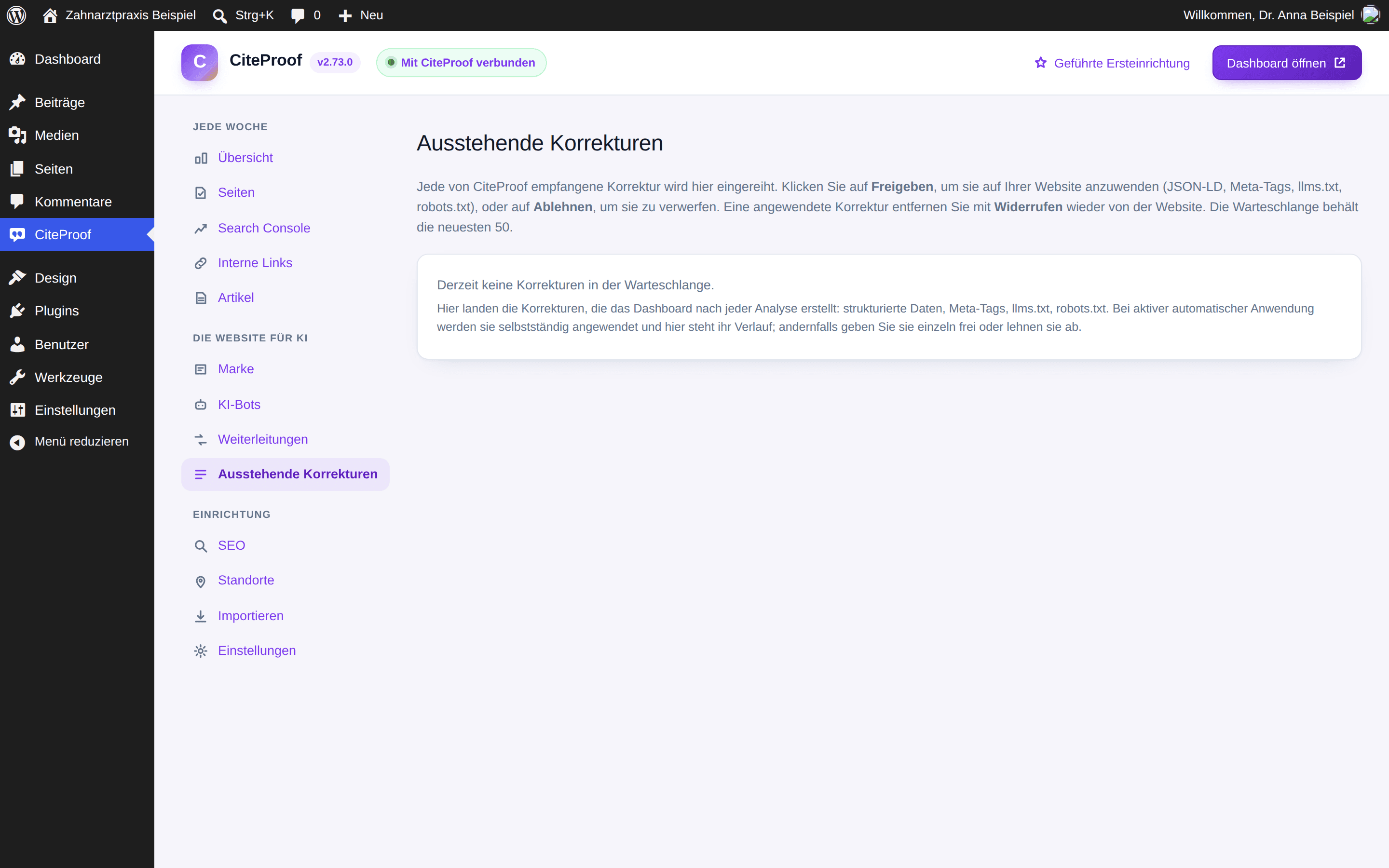 Der Tab Ausstehende Korrekturen des Plugins: Korrekturen aus dem Dashboard, die auf Freigabe warten