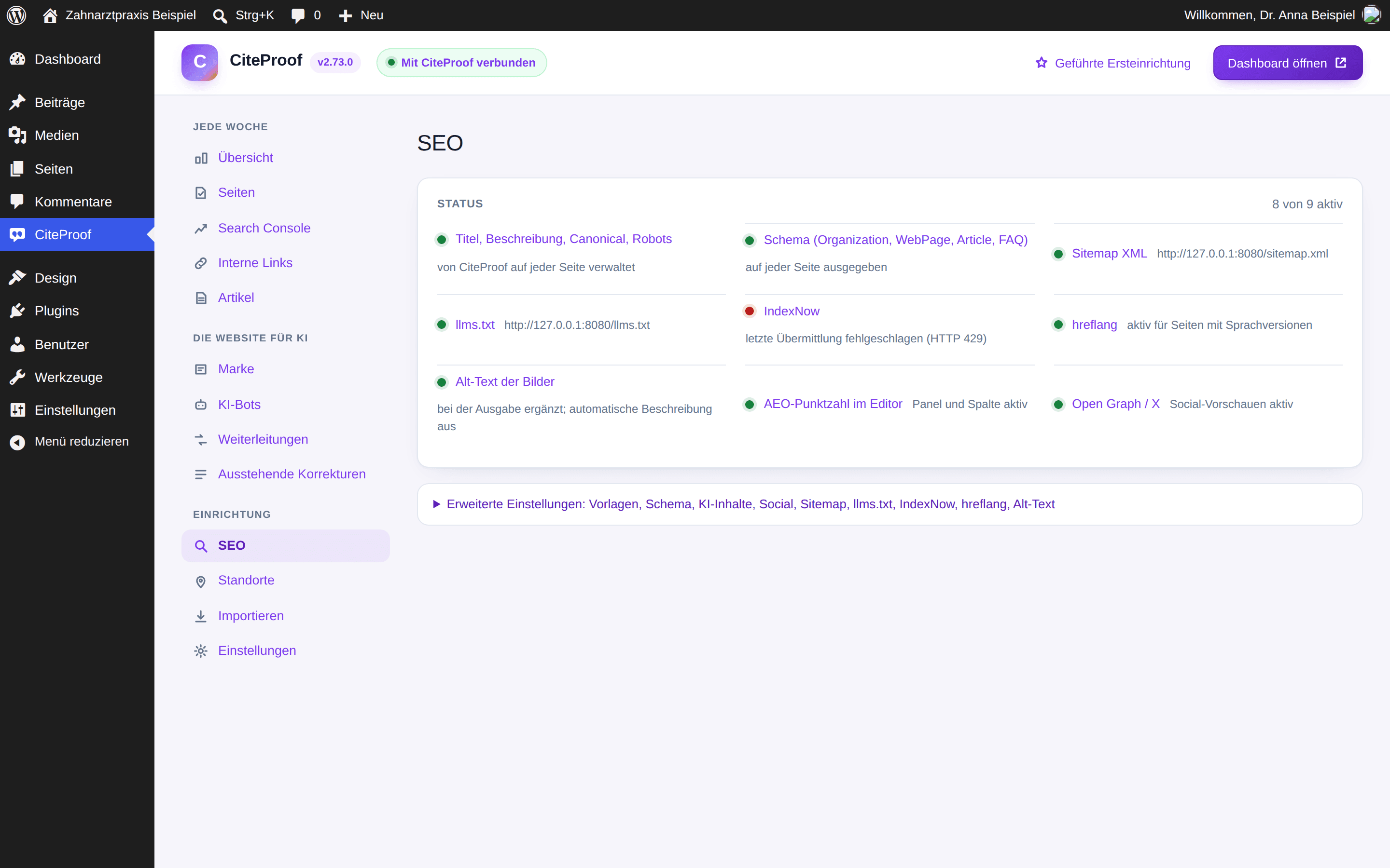 Der Tab SEO des Plugins: Status der Module und eingeklappte erweiterte Einstellungen