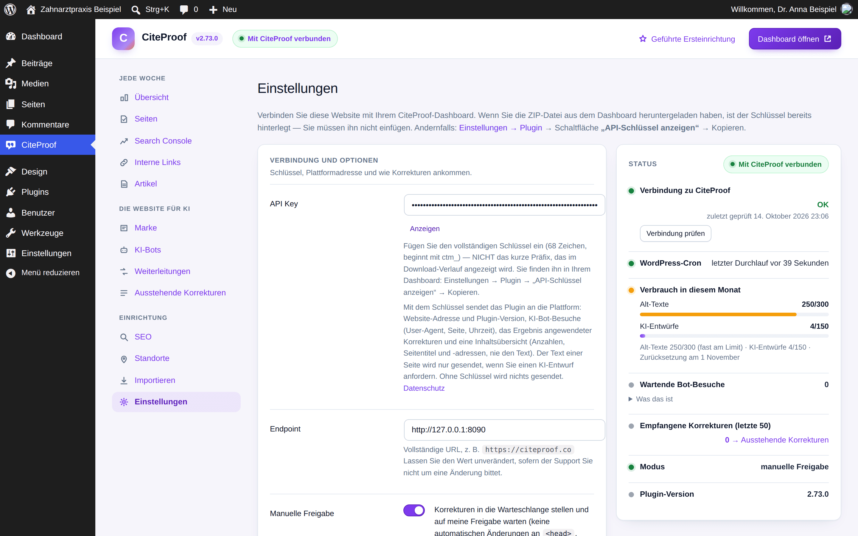 CiteProof → Einstellungen im Plugin: API-Schlüssel, Endpunkt, Nur-Prüfen-Modus